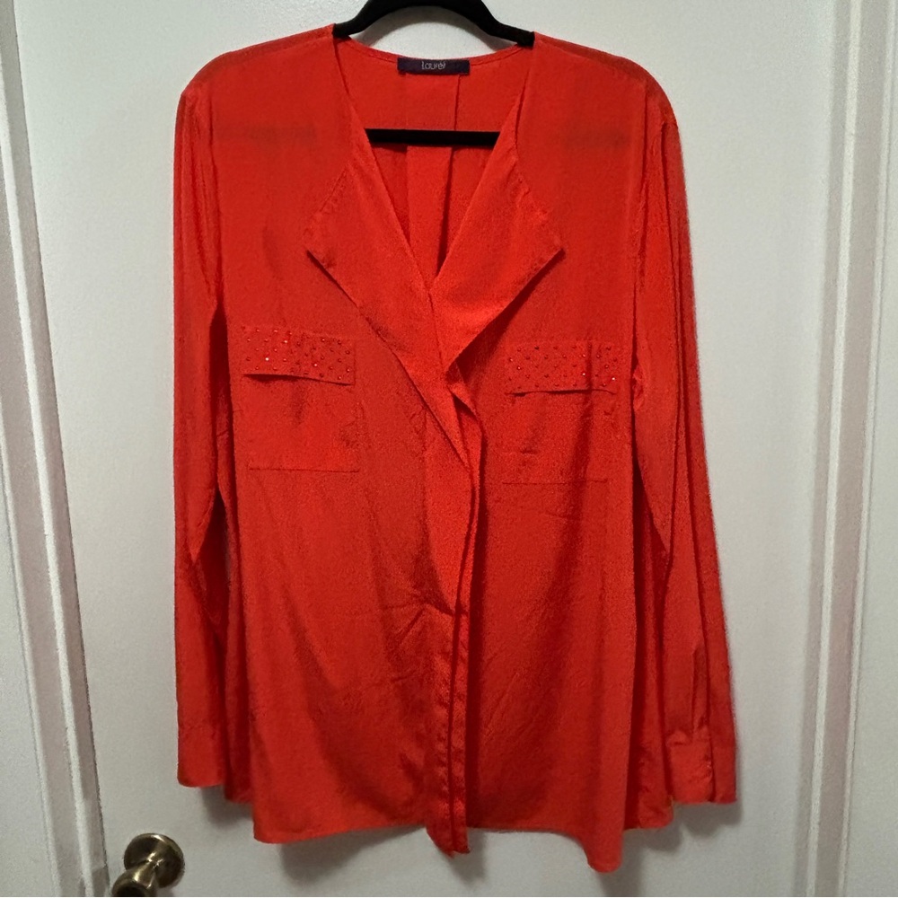 Laurel Silk Blend Sz 16 Orange Long Sleeve rhinestones pockets Front Button Up